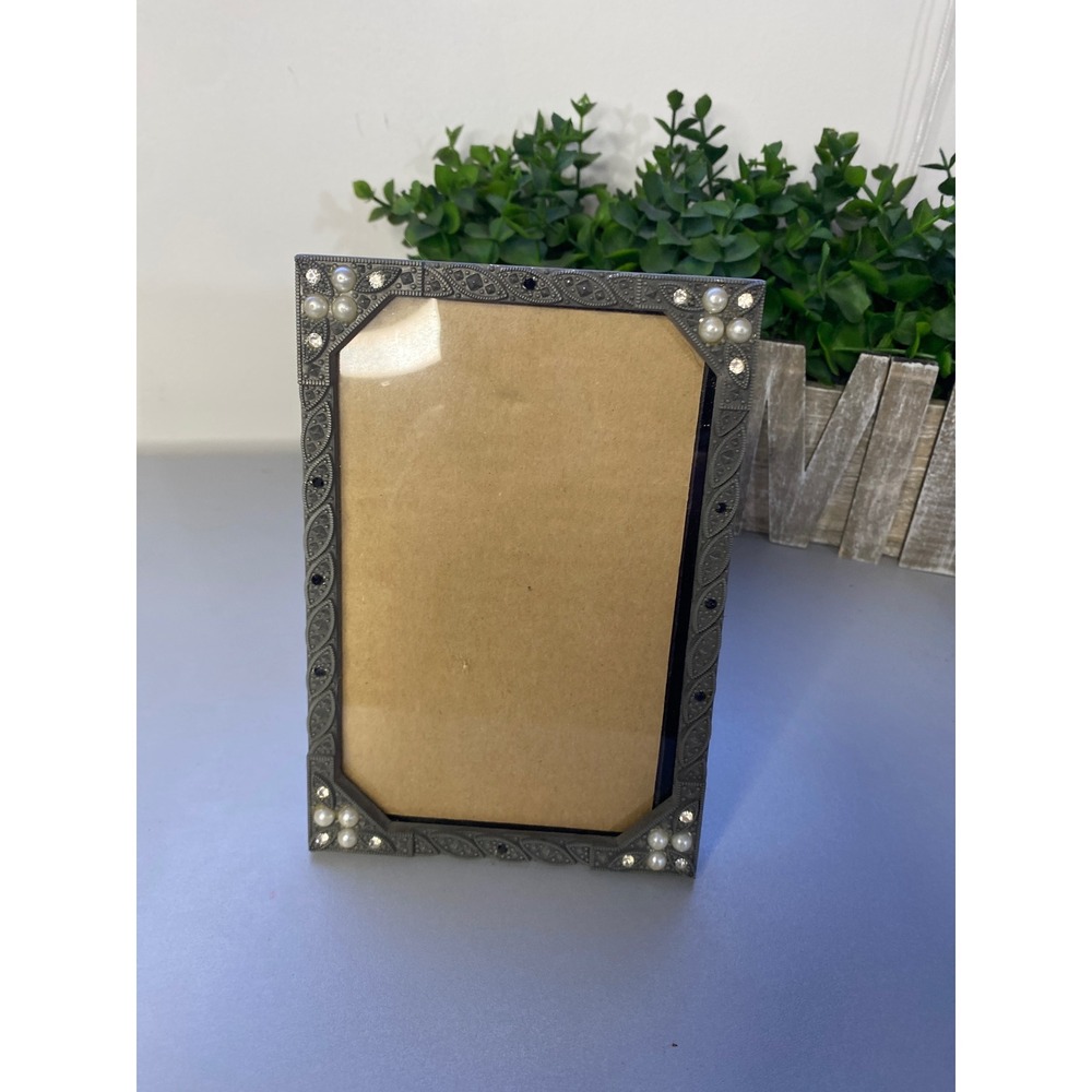 Ornate Pewter Tone Photo Frame Decorative Pearl Rhinestone Art Deco Style‎